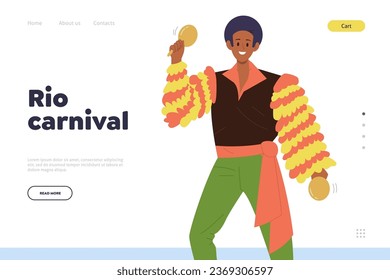 Rio carnival advertisement landing page website template with happy male maracas player design