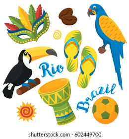 Rio carnival Brazilian Festival in Sao Paulo. Flat Brazil icons set Colorful vector illustration