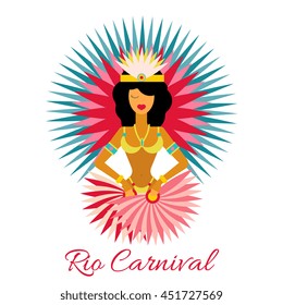Rio Carnival Dancer vector illustration in flat design for card, banner, logo. Brazilian festival poster concept. Isolated on white background.
