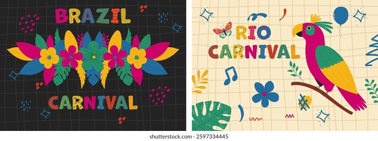 Rio carnival design poster set. Trendy banner collection with botanical horizontal border, exotic parrot and naive doodle elements