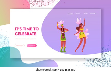 Rio Carnival with Entertainment Show Program Website Landing Page. Excited Drummer Playing Drums, Beautiful Girl in Feather Dress Dancing Samba Web Page Banner. Cartoon Flat Vector Illustration
