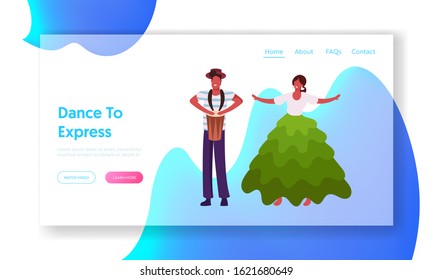 Rio Carnival Entertainment Show Program Website Landing Page. Drummer and Girl in Colorful Gown Dancing Samba. Talented Musician Characters Performing Web Page Banner. Cartoon Flat Vector Illustration