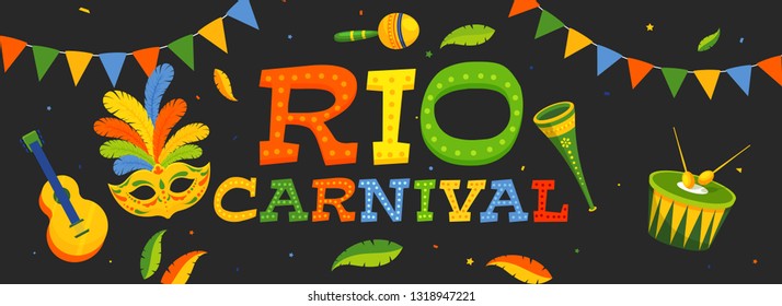 Rio Carnival header or banner design with party mask and musical instrument illustration in flat style.