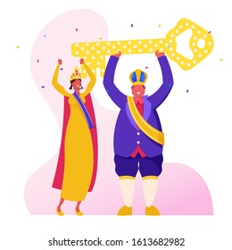 Rio Carnival King Wearing Festive Royal Dressing and Crown Holding Huge Golden Key above Head. Brazilian Girls Dancers Posing in Colorful Dresses and Winners Ribbons. Cartoon Flat Vector Illustration
