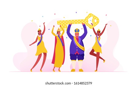 Rio Carnival King Wearing Festive Royal Dressing and Crown Holding Huge Golden Key above Head, Brazilian Girls Dancers Posing in Colorful Dresses and Winners Ribbons. Cartoon Flat Vector Illustration