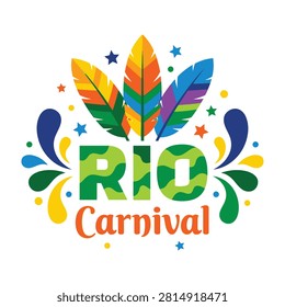 Rio Carnival logo with bright feathers stars and confetti vibrant festive atmosphere