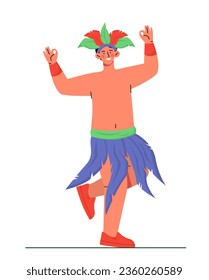 Rio Carnival man concept. Young guy in blue pants with feathers at head. Brazilian traditional holiday, festival and carnival. Cartoon flat vector illustration isolated on white background