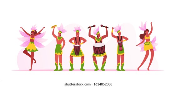 Rio Carnival Musicians Band and Girls Dancers Isolated on White Background. Young Men Playing Drums during Traditional Festival in Brazil. Artists with Instruments. Cartoon Flat Vector Illustration