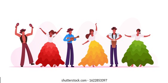 Rio Carnival Musicians Band and Girls Dancers Isolated on White Background. Young Men Playing Drums and Ukulele at Traditional Festival in Brazil. Artists Performance. Cartoon Flat Vector Illustration