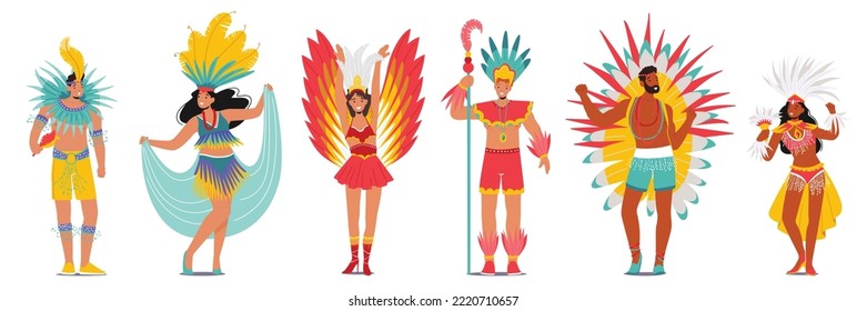 Rio Carnival Musicians Band, Girls and Boys Dancers Isolated on White Background. Young Men and Women during Traditional Festival in Brazil. Male and Female Artists. Cartoon Vector Illustration