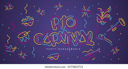 Rio Carnival new handwriten line design typography party dance music elements. Mask drums rattles guitar fanfare crown tiara flags ribbons sparkle firework confetti on purple background