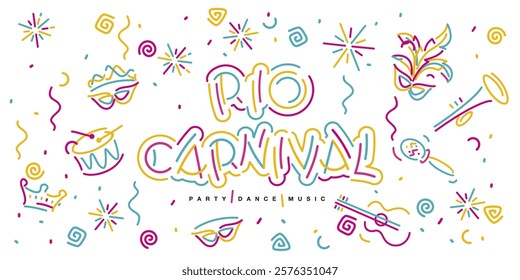 Rio Carnival new handwriten line design typography party dance music elements. Mask drums rattles guitar fanfare crown tiara flags ribbons sparkle firework confetti on white background