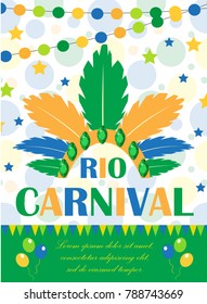 Rio carnival poster, invitation, flyer. Template for your design. Brazilian Festival, Masquerade background. Brazil party concept. Vector illustration