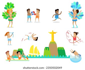 Rio concept banners. Sport games Brazil. Traditional world famous International competitions in summer sports. Cartoon characters athletes compete in different disciplines.