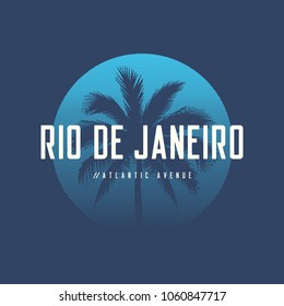 Rio de Janeiro Atlantic Avenue t-shirt and apparel design with palm tree and halftoned sun, vector illustration, typography, print, logo, poster. Global swatches.