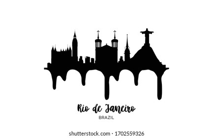 Rio de Janeiro Brazil black skyline silhouette vector illustration on white background with dripping ink effect.
