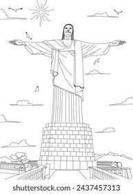 Rio de Janeiro Brazil Christ the redeemer line art drawing for kids and adults coloring book