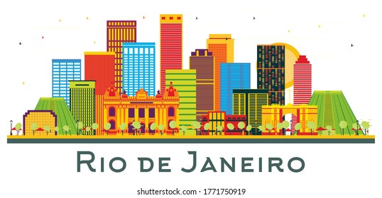 Rio De Janeiro Brazil City Skyline with Color Buildings Isolated on White. Vector Illustration. Business Travel and Tourism Concept with Historic Architecture. Rio De Janeiro Cityscape with Landmarks.