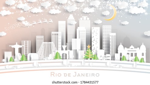 Rio de Janeiro Brazil City Skyline in Paper Cut Style with Snowflakes, Moon and Neon Garland. Vector Illustration. Christmas and New Year Concept. Santa Claus on Sleigh.