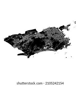 Rio de Janeiro, Brazil, high resolution vector map with city boundaries, and editable paths. The city map was drawn with white areas and lines for main roads, side roads and watercourses on a black