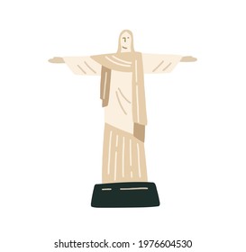 Rio De Janeiro, Brazil - May 7, 2021: Christ The Redeemer Statue In Brasil. Brazilian Jesus Sculpture. Religious Christian Landmark. Colored Flat Vector Illustration Isolated On White Background