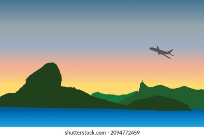 Rio de Janeiro, Brazil. Silhouette of the mountains of the city of  at sunset and plane taking off. Vector illustration in EPS