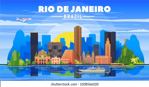 Skyline von Rio de Janeiro (Brasilien) mit Panorama auf Himmelshintergrund. Vektorgrafik. Business Reise und Tourismus Konzept mit modernen Gebäuden. Bild für Präsentation, Banner, Website.