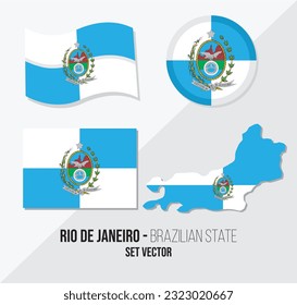 Rio de Janeiro Estado Brasil conjunto de vectores de bandera mapa del símbolo de la bandera y bandera de círculo.