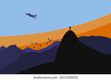 Rio de janeiro, Brazil. Statue of Christ on Corcovado Mountain during sunset with blue sky. Airplane silhouette in the sky and birds flying. Tijuca National Park. EPS Illustration. svg