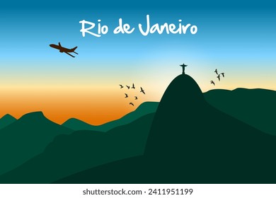 Rio de janeiro, Brazil. Statue of Christ on Corcovado Mountain during sunset with blue sky. Airplane silhouette in the sky and birds flying. Tijuca National Park. Illustration in eps. svg