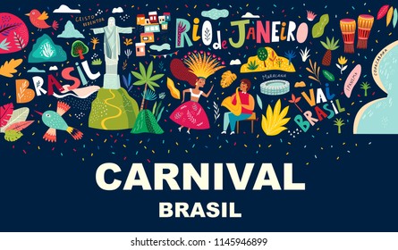 Rio De Janeiro Brazil. Vector illustration with Symbols and icons of Brazil