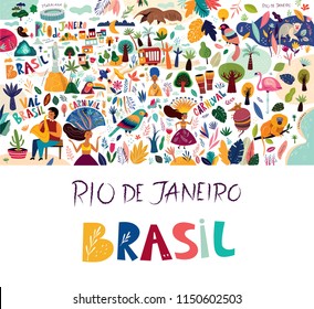 Rio De Janeiro Brazil vector illustration. Symbols and icons of Brazil