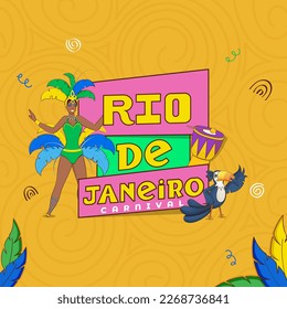 Rio De Janeiro Carnival Festival Concept With Cheerful Female Samba Dancer Character, Drum Instrument And Toucan Bird On Chrome Yellow Swirl Pattern Background.