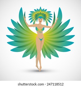 Rio de Janeiro carnival. Silhouette of the samba dancer. Green bikini with tail feathers.