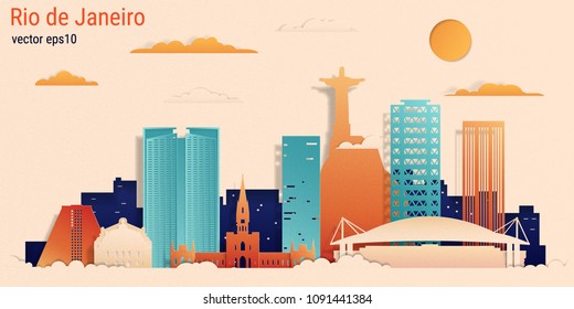 Rio de Janeiro city colorful paper cut style, vector stock illustration. Cityscape with all famous buildings. Skyline Rio de Janeiro city composition for design 