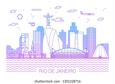 Rio de Janeiro city line art Vector illustration with all famous building. Cityscape banner in a trendy modern style, typographic composition of gradient lines and background 