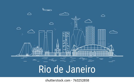 Ciudad de Río de Janeiro, ilustración de Line Art Vector con todos los edificios famosos. Banner lineal con Showplace. Composición del paisaje urbano moderno. Edificios de Río de Janeiro establecidos