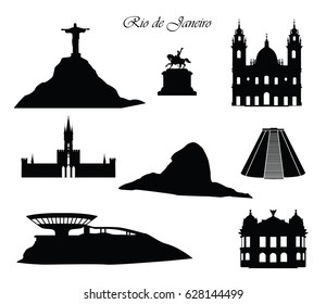 Rio de Janeiro city signs. Landmarks set. Cityscape silhouette with buildings and mountains.