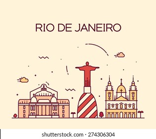 Rio de Janeiro City skyline detailed silhouette. Trendy vector illustration, line art style.