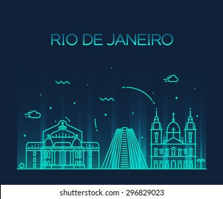 Rio de Janeiro City skyline detailed silhouette. Trendy vector illustration, line art style.