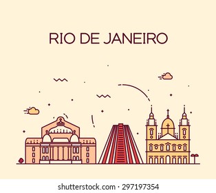 Rio de Janeiro City skyline detailed silhouette. Trendy vector illustration, line art style.