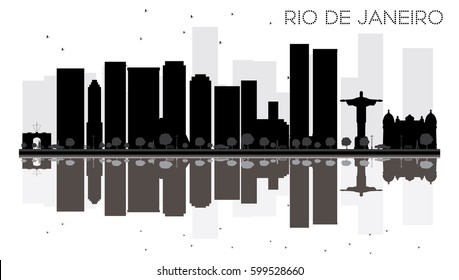 Rio de Janeiro City skyline black and white silhouette with reflections. Vector illustration. Simple flat concept for tourism presentation, banner, placard or web. Cityscape with landmarks