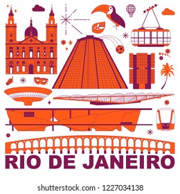 Rio De Janeiro culture travel set, famous architectures and specialties in flat design. Business travel, tourism concept clipart. Image for presentation, banner, website, advert, flyer, roadmap, icons