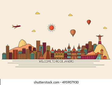 Rio de Janeiro detailed skyline. Travel and tourism background. Line art illustration.