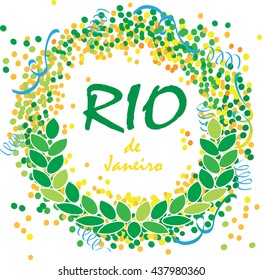 Rio de Janeiro festive laurel wreath award vector with confetti and ribbons.