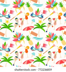 Rio de Janeiro girls, dance, party, beach, music, drink, ice cream, palm tree, coffee, ocean, sea. pattern design. Brazillian carnival vector seamless background.
