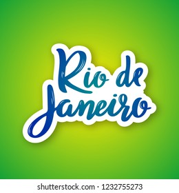 Rio de Janeiro - hand drawn lettering name of Brazil city. Sticker with lettering in paper cut style. Vector illustration.