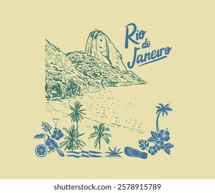 Rio De Janeiro hand drawn vector art, Copacabana Rio vector illustration, Rio summer beach vacation for t shirt, embroidery, screen print