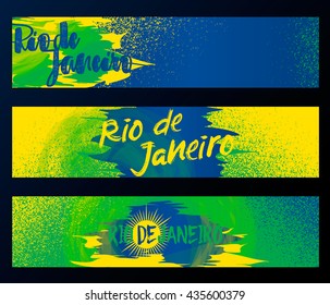 Rio de Janeiro, banners horizontais, modelo de cartaz definido isolado no fundo preto com borracha, manchas na cor da bandeira do Brasil. Use para web, imprima. Ilustração vetorial