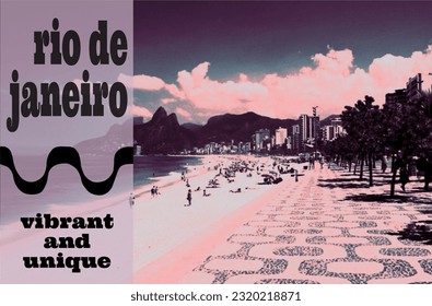 Imagen de Río de Janeiro con icónico frente de playa en estilo retro para decoración casera, camisetas, afiches, folletos de viaje e impresiones (texto en inglés y portugués)